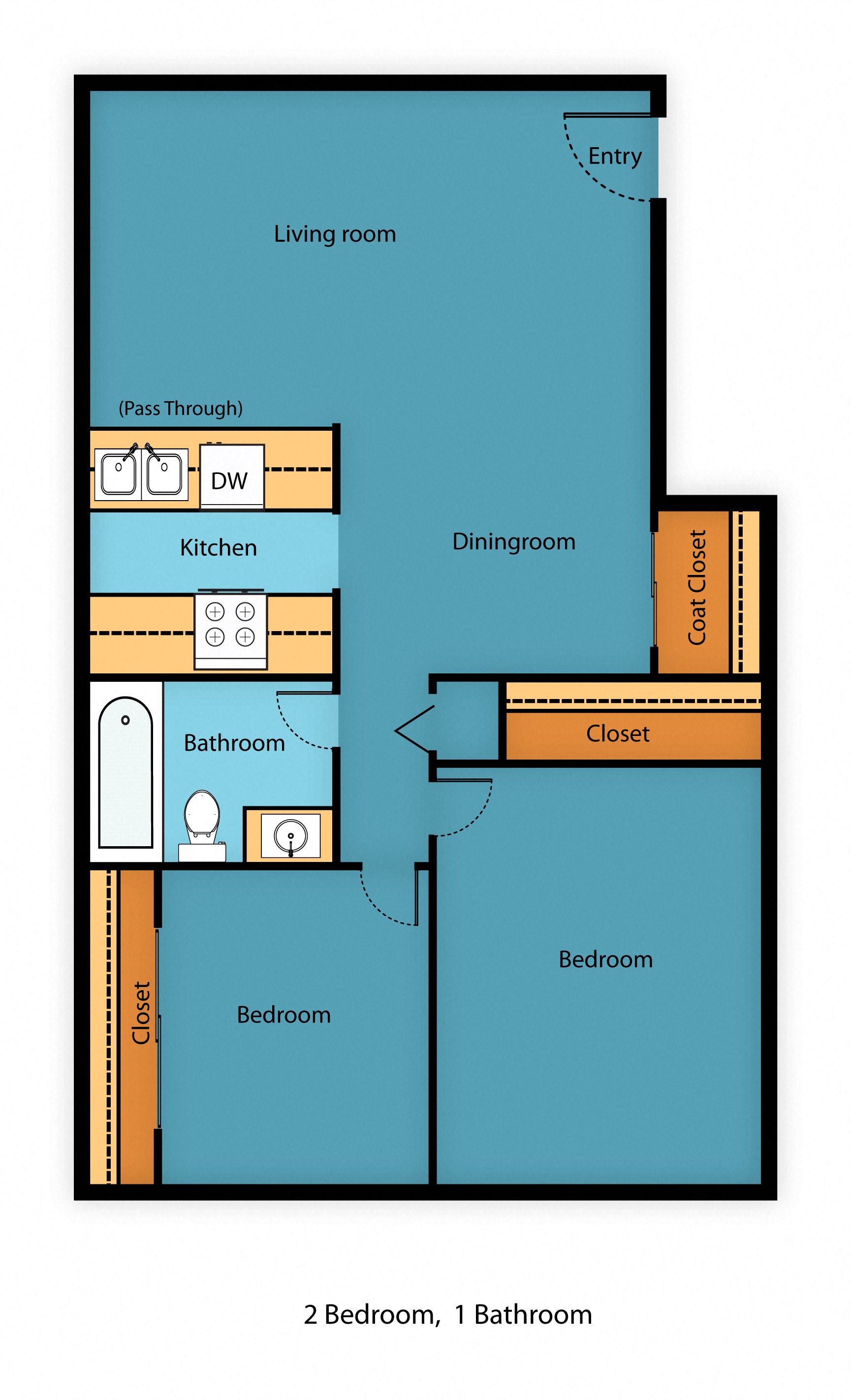 Floor plan for 2 beds, 1 bath, 850 sqft